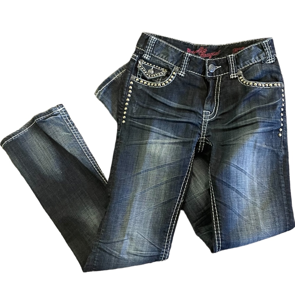 Rock and Roll cowgirl womens blue jeans flare or boot cut leg mid rise 26 x 34